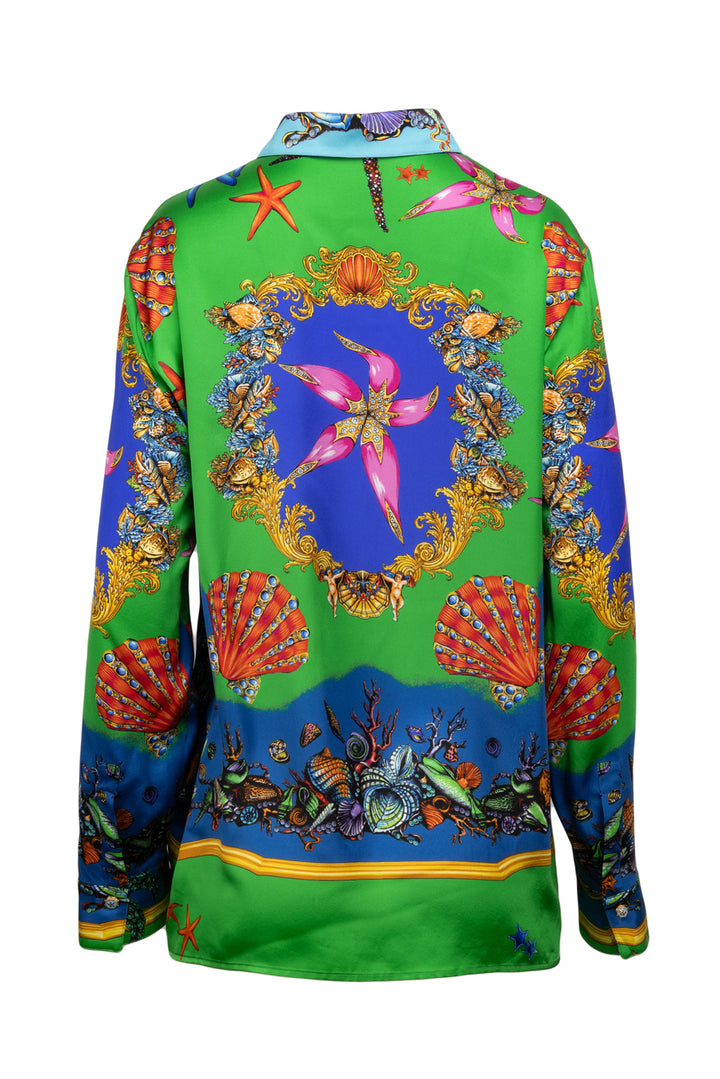 Versace Size XL Silk Ocean Print Blouse & Pleated Mini Skirt Set