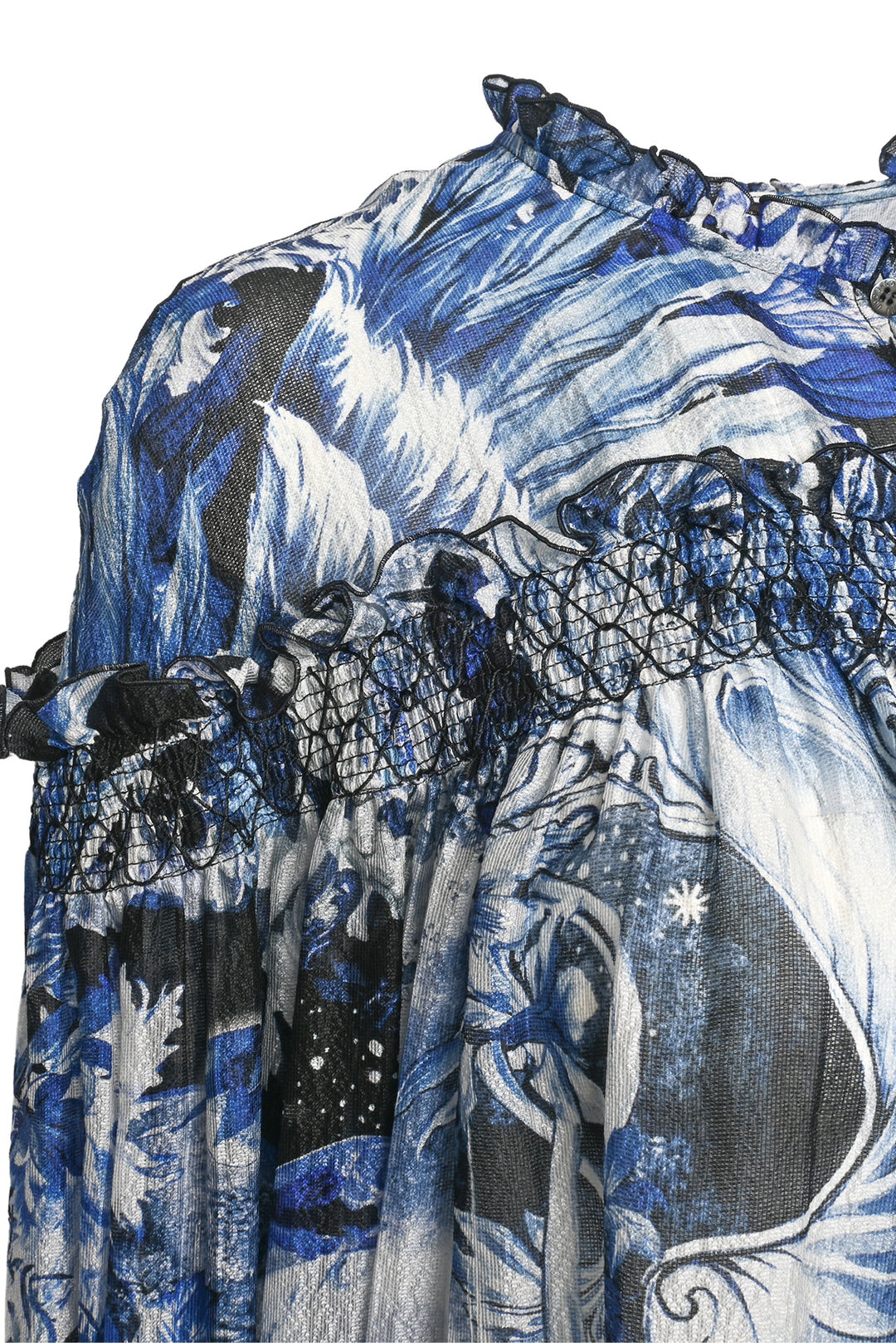 Roberto Cavalli Size 42 Printed Silk Ruffle Tops