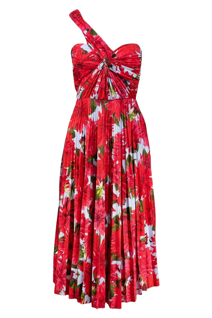 Oscar De La Renta Size 6 One Shoulder Dahlia Pleated Midi Dress