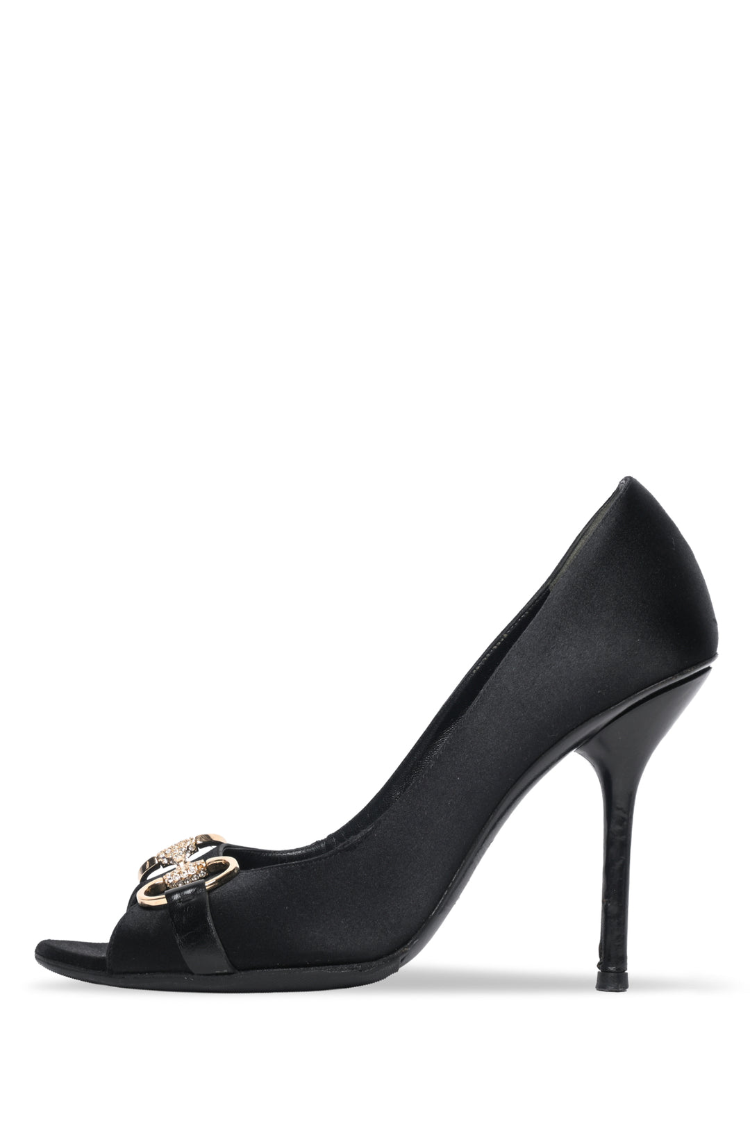 Gucci Size 8 Crystal Horsebit Satin Peeptoe Pumps
