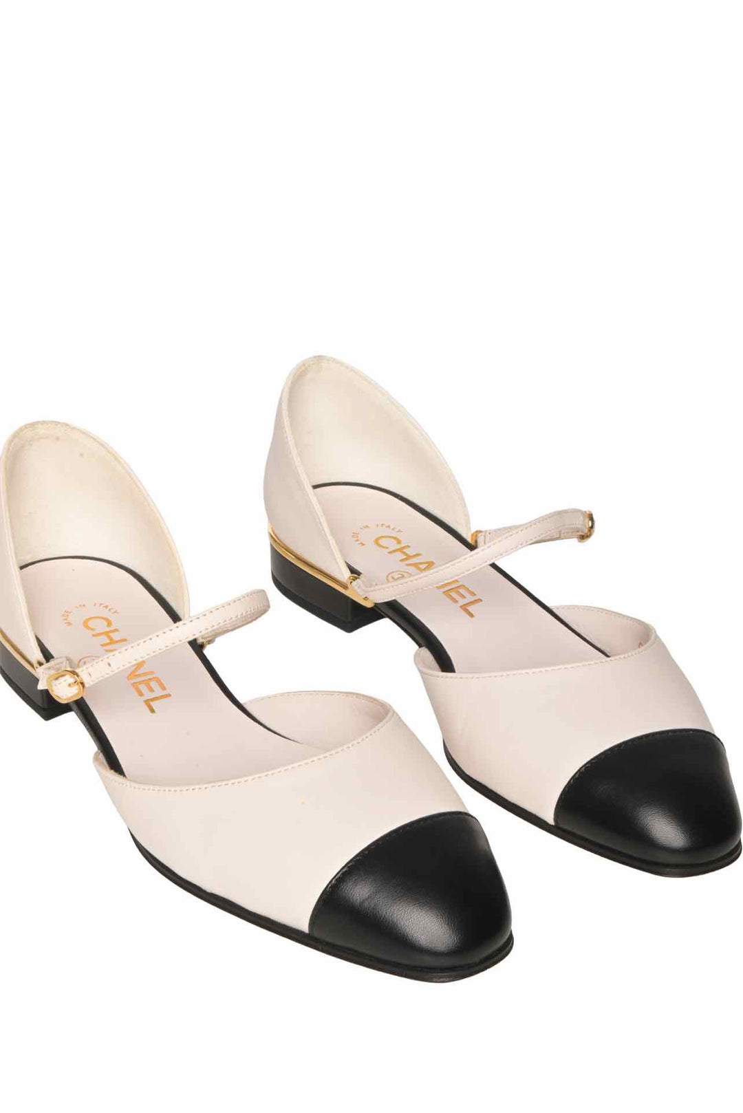 Chanel Size 36 Leather CC Cap Toe Ankle Strap Flats