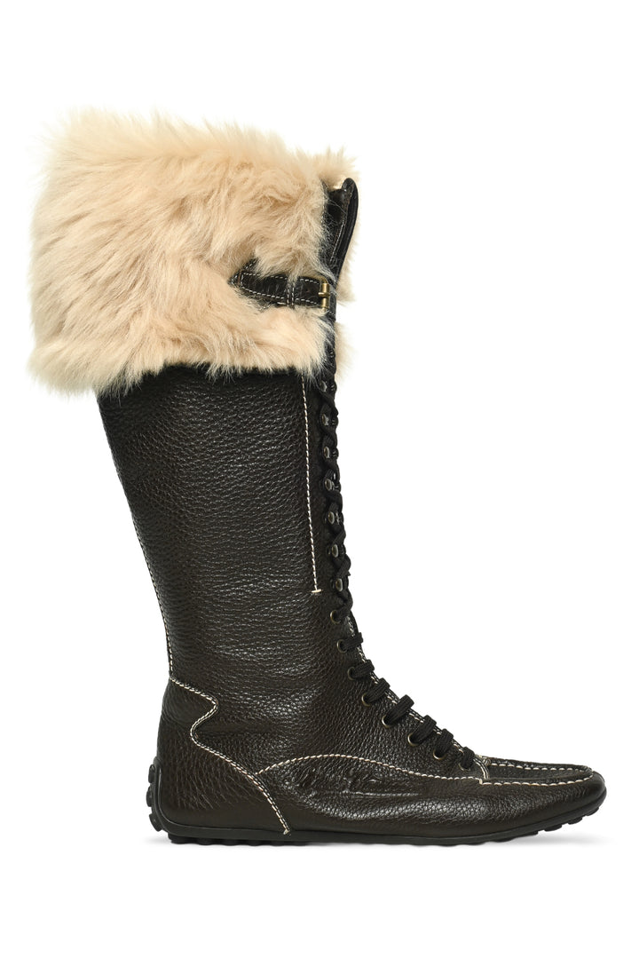 Louis Vuitton Size 39 Leather & Fur Trim Lace Up Boots