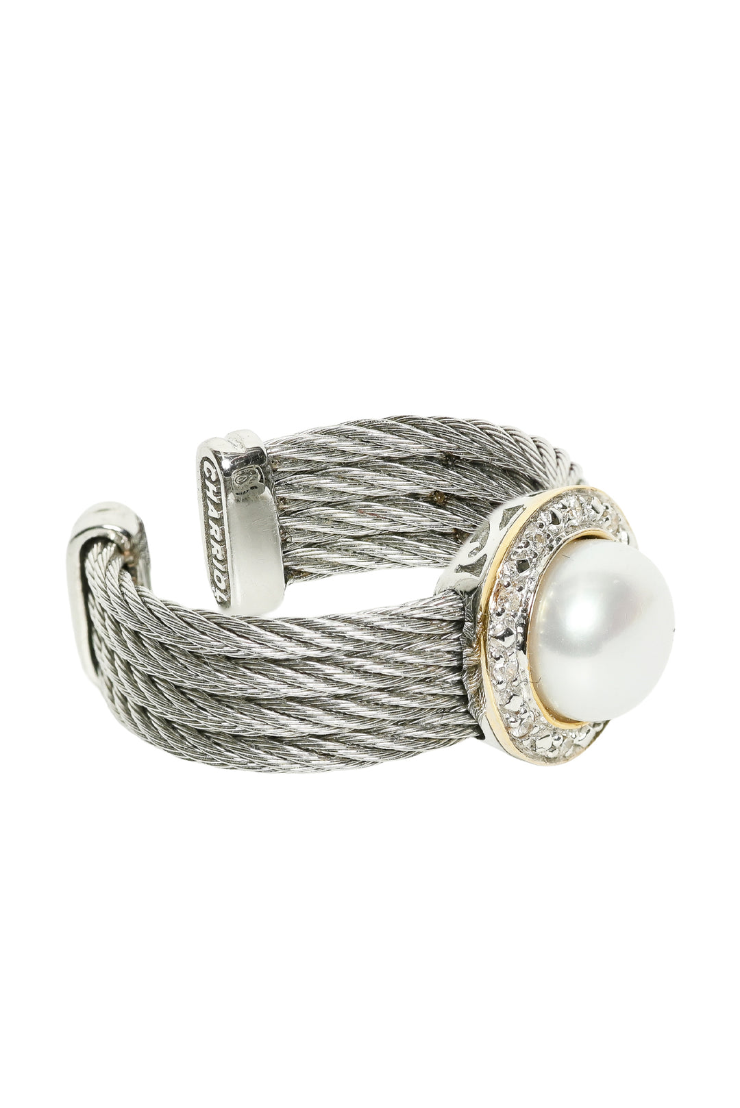 Charriol Size 6 18K Rose and White Gold Diamond and Pearl Halo Steel Cable Ring