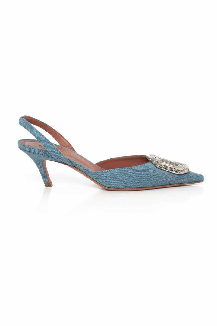 Amina Muaddi Size 36 Camelia Crystal-Embellished Denim Slingback Pumps