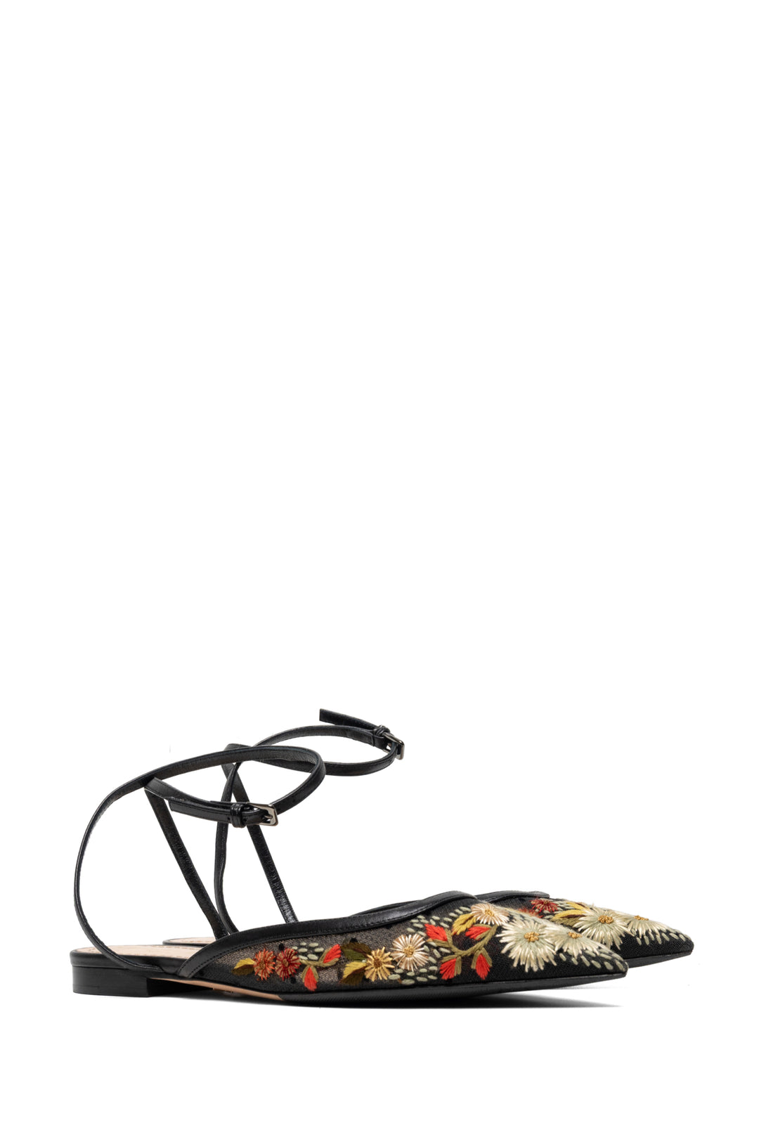 Dior Size 36 Floral Embroidered Mesh & Leather Ankle Strap Flats