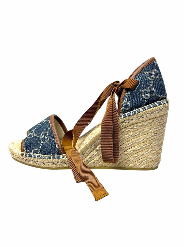 Gucci Size 38.5 Monogram Denim Espadrille Wedges