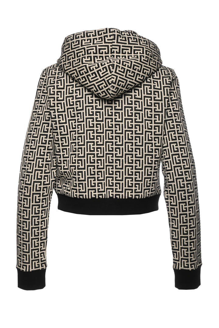 Balmain Size M Monogram Print Cropped Full Zip Hoodie