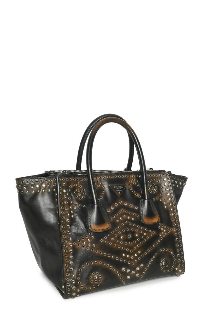 Prada Vitello Vintage Grommet Crystal Twin Tote