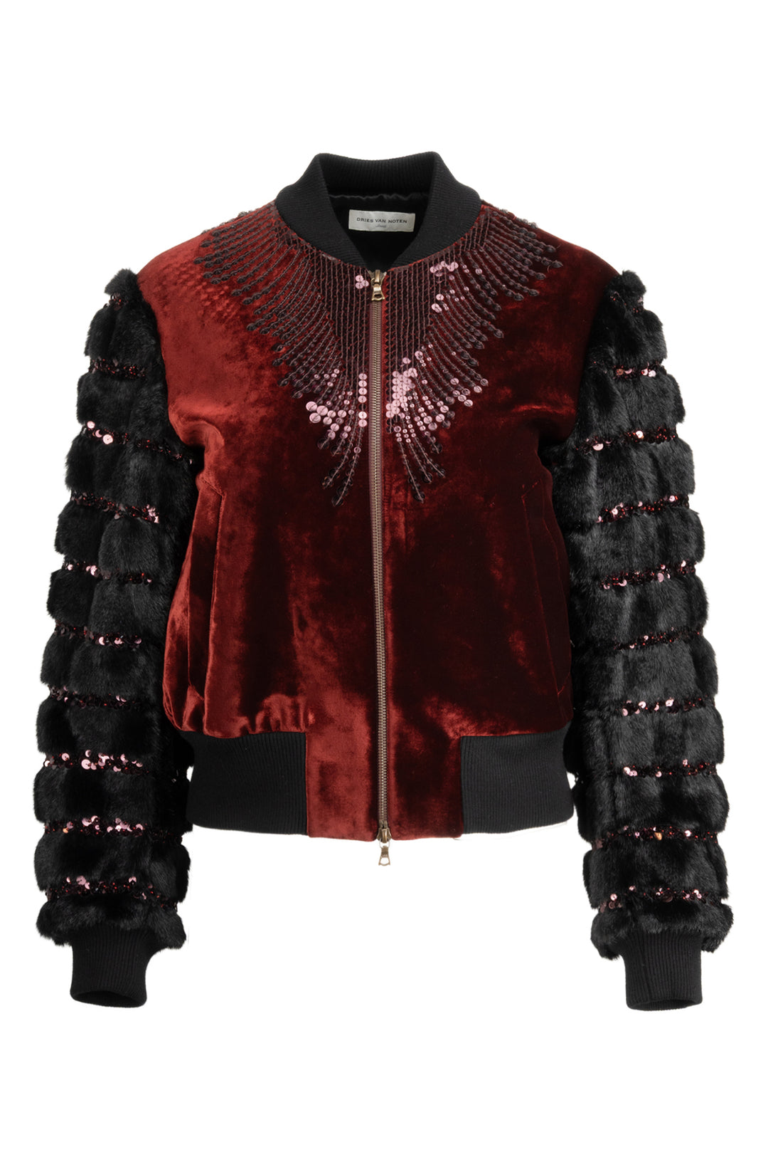 Dries Van Noten Size S Sequin Embellished Velvet & Faux Fur Bomber Jacket