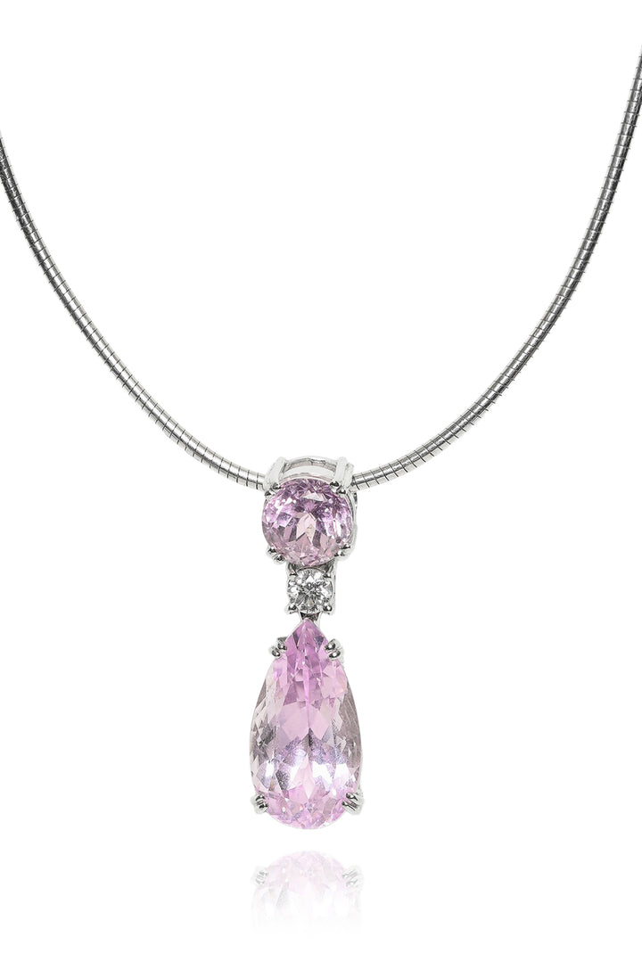 18K White Gold, Kunzite & Diamond Teardrop Pendant Necklace with 14K Chain