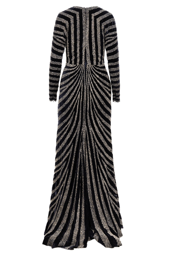 Naeem Khan Size 4 Navy & Silver Linear Beaded Velvet Dress