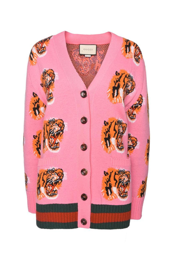 Gucci Size L Tiger Patterned Jacquard Cardigan