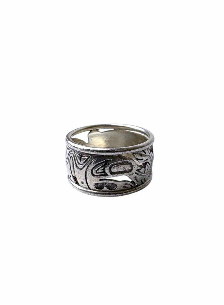 Size 9 Norman Bentley Silver Engraved Indigenous Ring