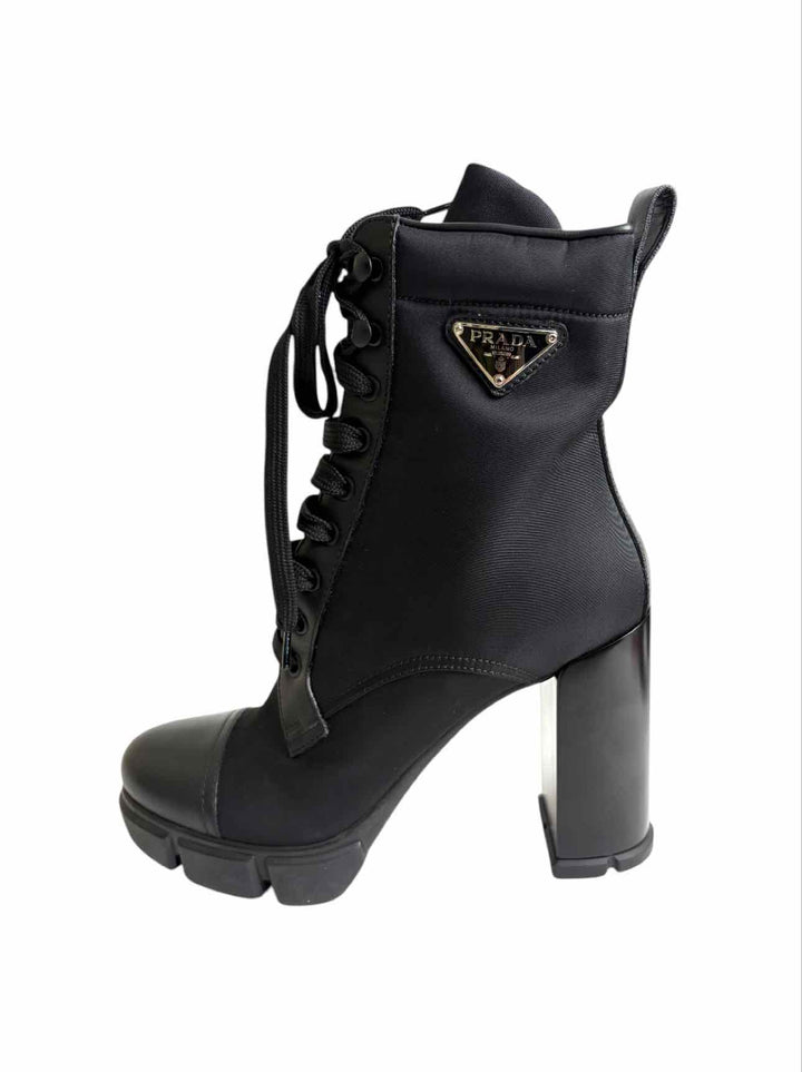 Prada Size 38.5 Re-Nylon & Leather Logo Ankle Boots