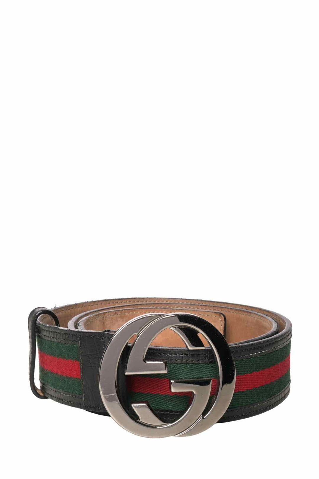 Gucci Size 36 Web Stripe Canvas & Leather Interlocking G Buckle Men's Belt