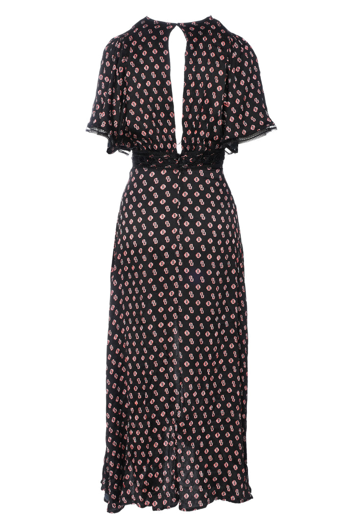 maje Size 38 Lace Trimmed Logo Print Maxi Dress