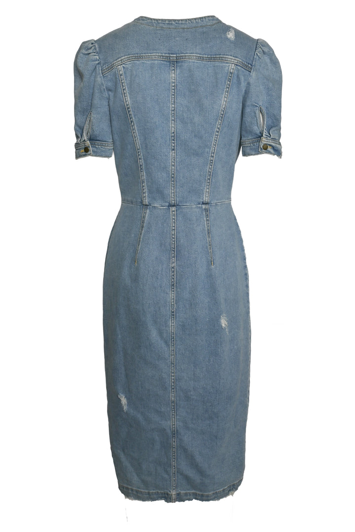 Retrofete Size S Annie Puff Sleeve Distressed Denim Dress