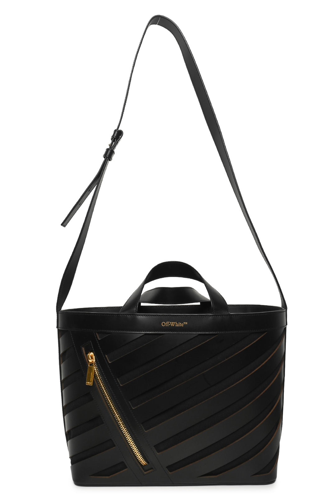 Off White Diagonal Cutout Leather & Canvas Tote