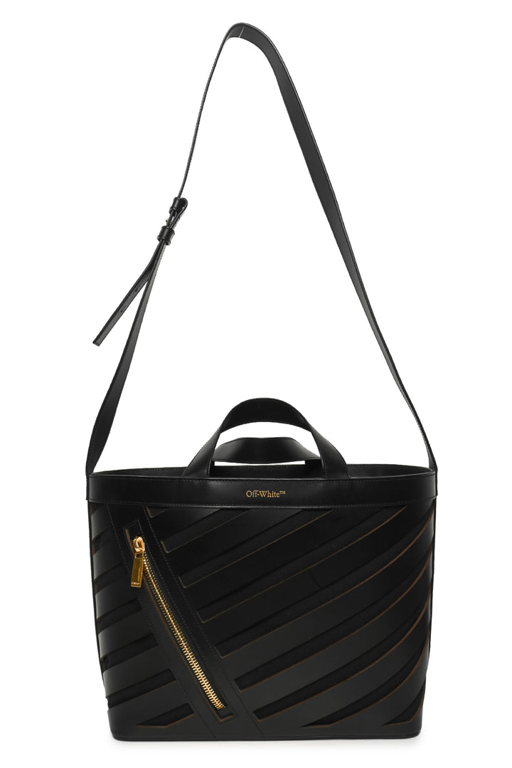 Off White Diagonal Cutout Leather & Canvas Tote