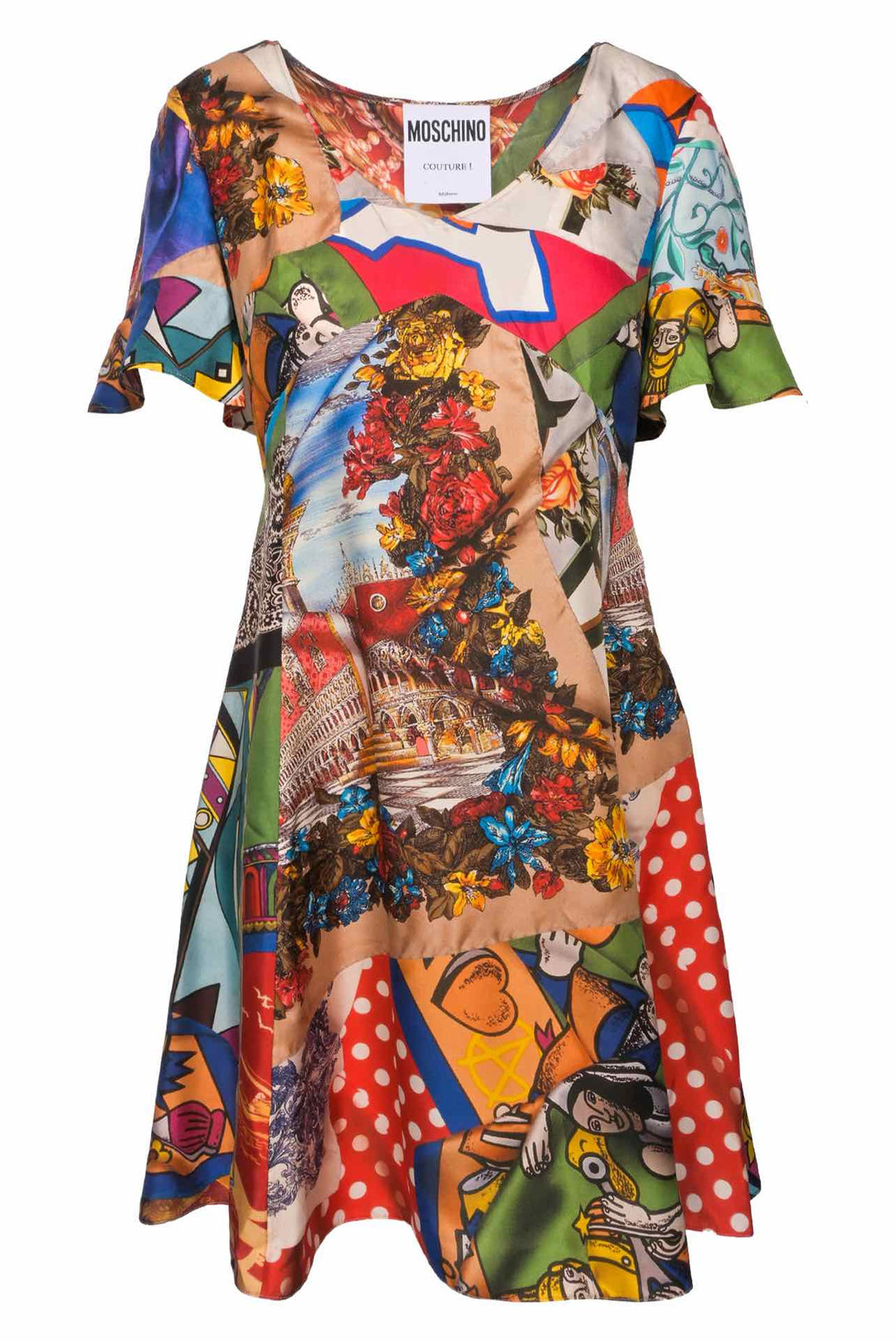 Moschino Couture Size 6 Printed Silk Patchwork Dress
