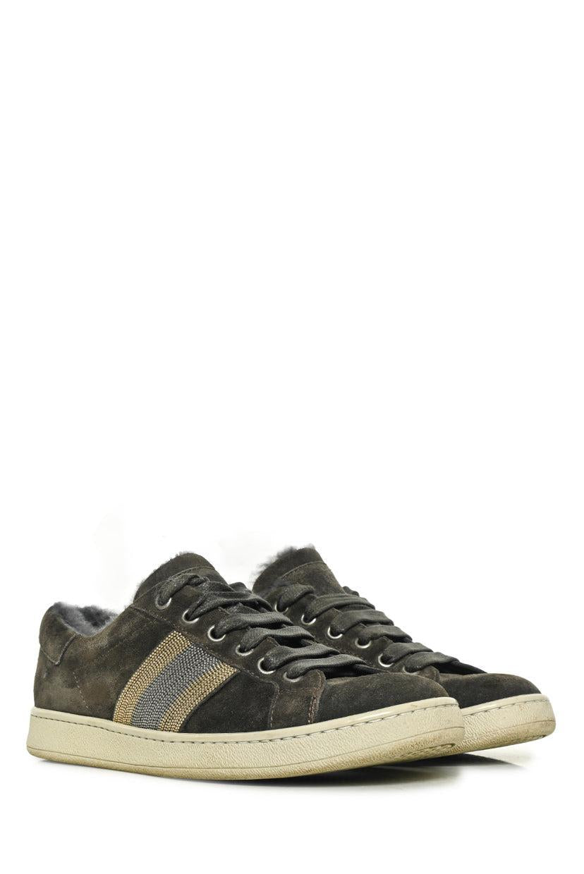Brunello Cucinelli Size 36 Monili Bead & Fur Lined Suede Low Top Sneaker
