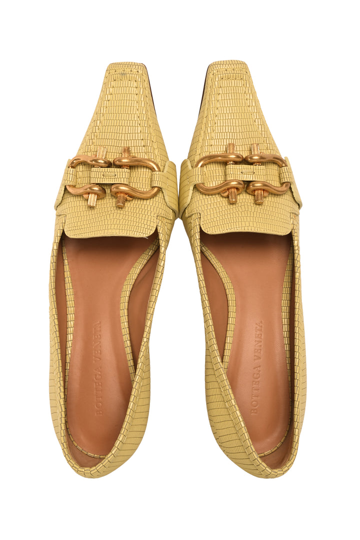 Bottega Veneta Size 35.5 Lizard-Embossed Leather Madame Heeled Loafers