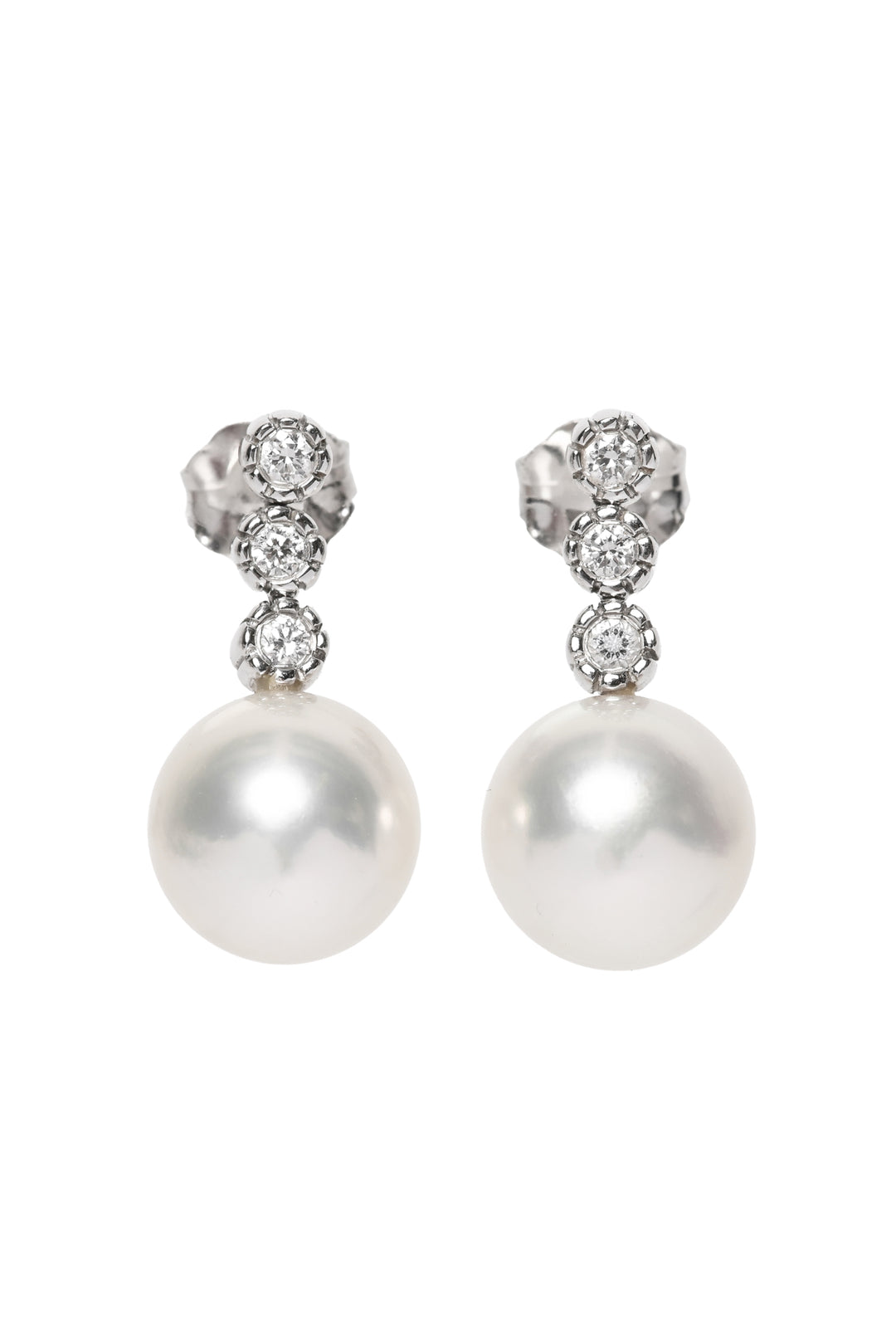 18K White Gold Trio Diamond & Pearl Drop Earrings