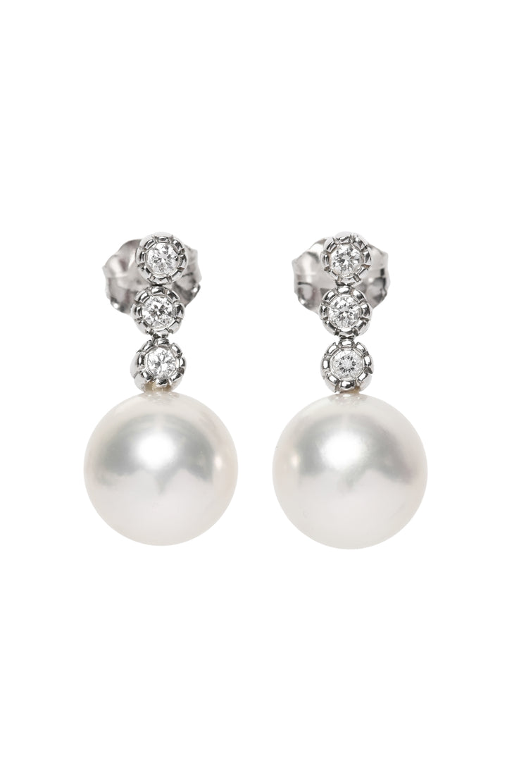 18K White Gold Trio Diamond & Pearl Drop Earrings
