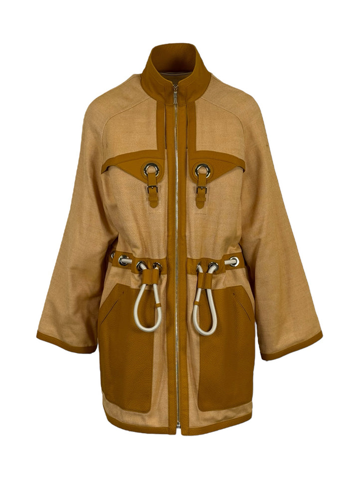 Hermes Size 34 Cashmere & Leather Trimmed Mid Coat
