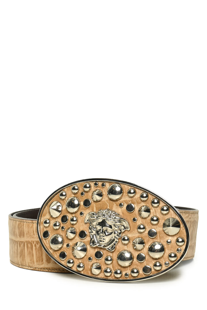 Versace Size 40 Studded Medusa Buckle Embossed Leather Belt