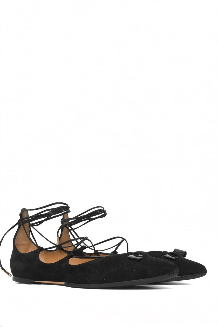 Salvatore Ferragamo Size 7.5 Patent Bow Suede Lace Up Pointed Flats