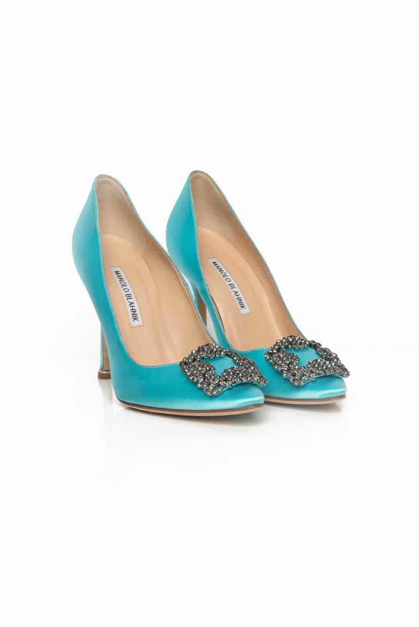 Manolo Blahnik Size 36.5 Hangisi Crystal Embellished Satin Pumps