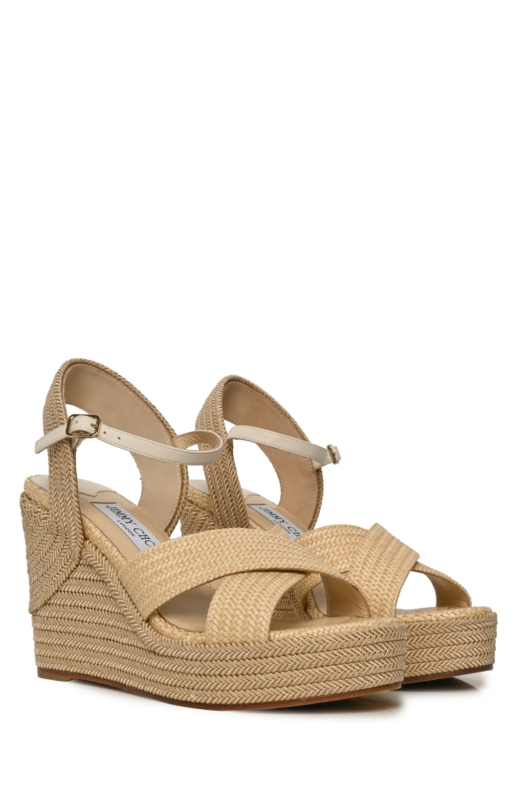 Jimmy Choo Size 38.5 Dellena 100 Natural Mix Raffia Wedges
