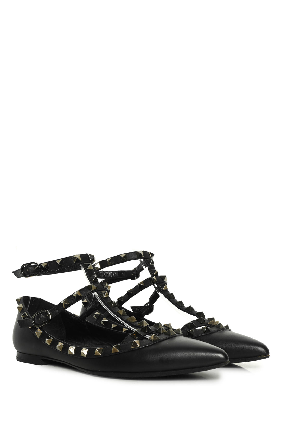 Valentino Size 37 Noir Rockstud Ankle Strap Cage Flats