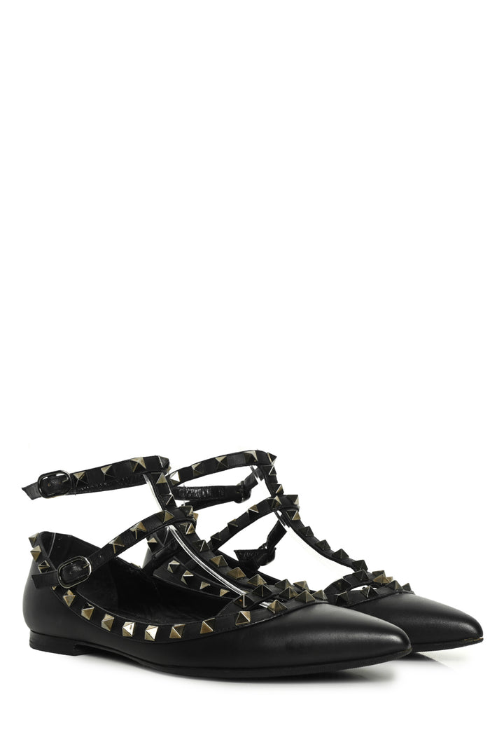 Valentino Size 37 Noir Rockstud Ankle Strap Cage Flats