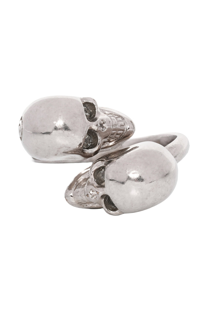 Alexander Mcqueen Size 6 Silver Plated Crystal Twin Skull Ring