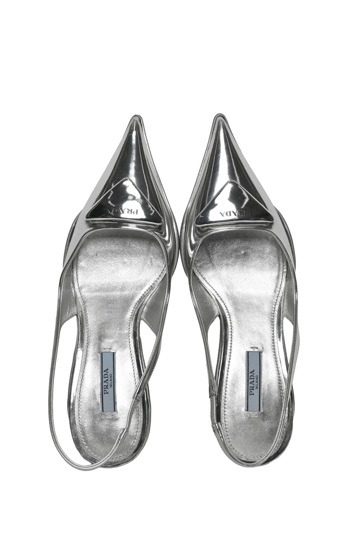 Prada Size 36 Triangle Logo Patent Leather Slingback Pumps
