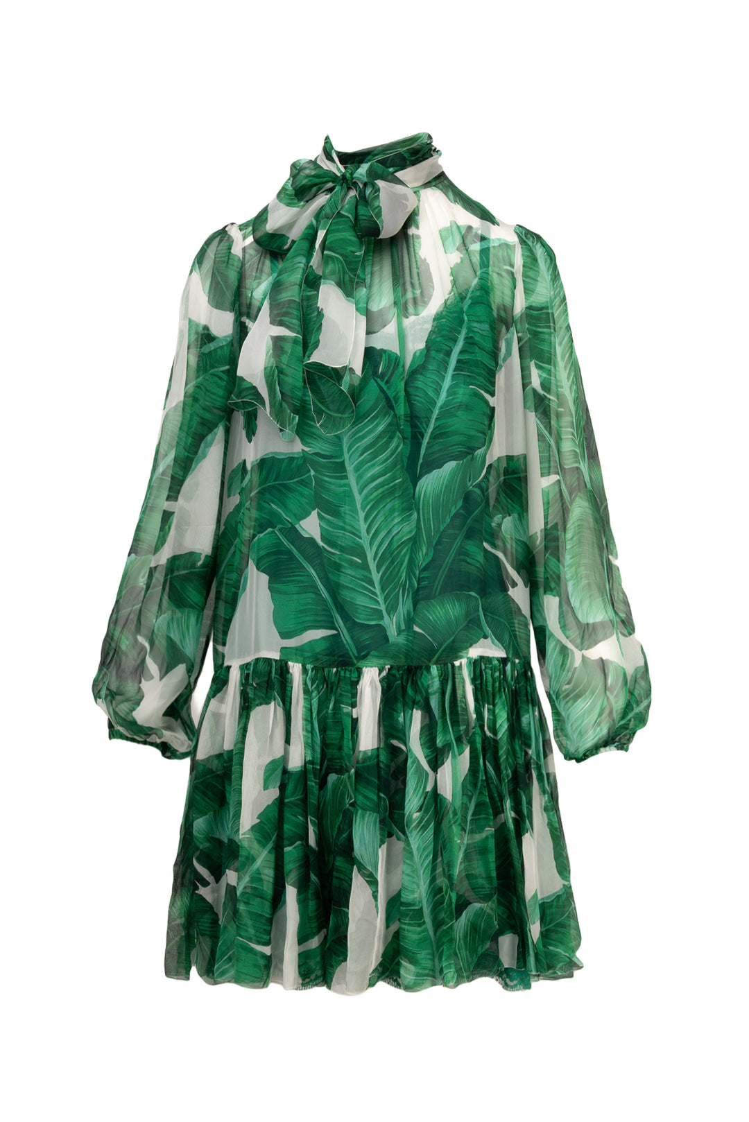 Dolce & Gabbana Size 38 Banana Leaf Print Tie-Neck Silk Dress