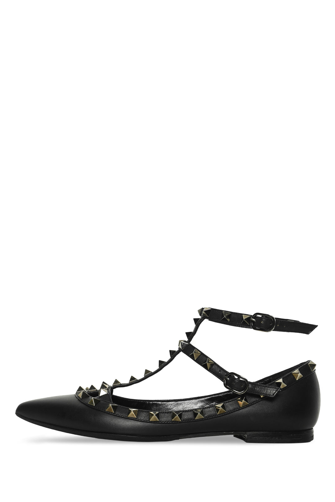 Valentino Size 37 Noir Rockstud Ankle Strap Cage Flats