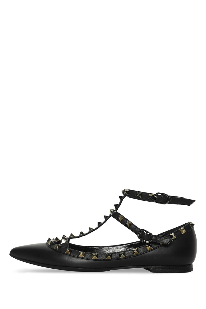 Valentino Size 37 Noir Rockstud Ankle Strap Cage Flats