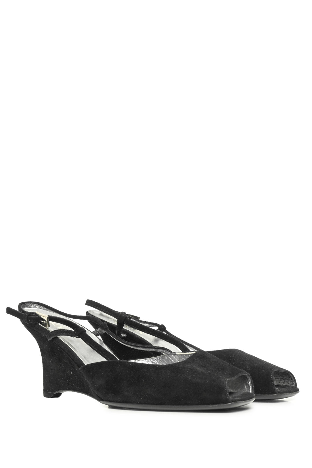 Prada Size 37.5 Peep Toe Suede Slingback Wedges