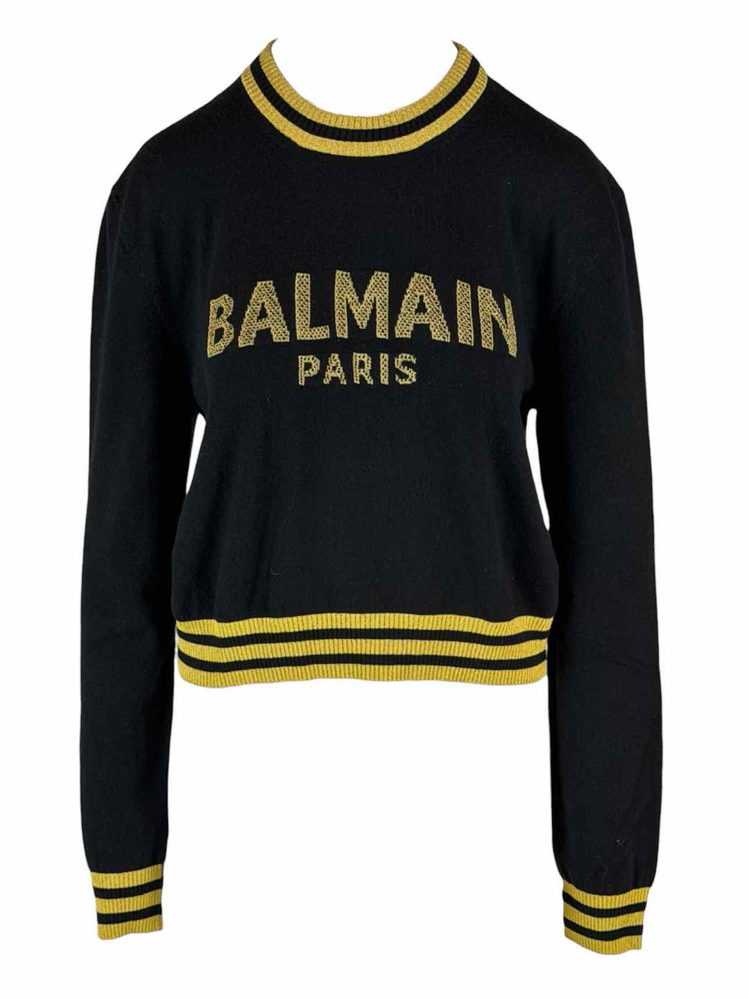 Balmain Size 44 Embroidered Log Cropped Wool-Blend Sweater