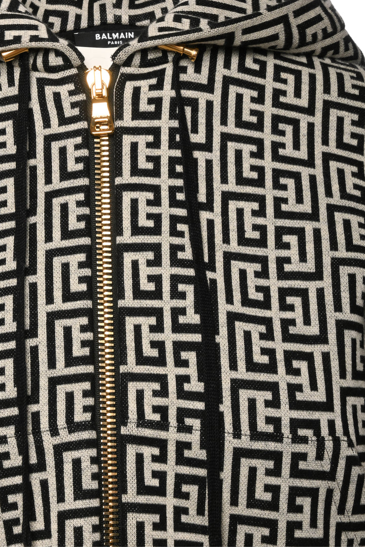 Balmain Size M Monogram Print Cropped Full Zip Hoodie