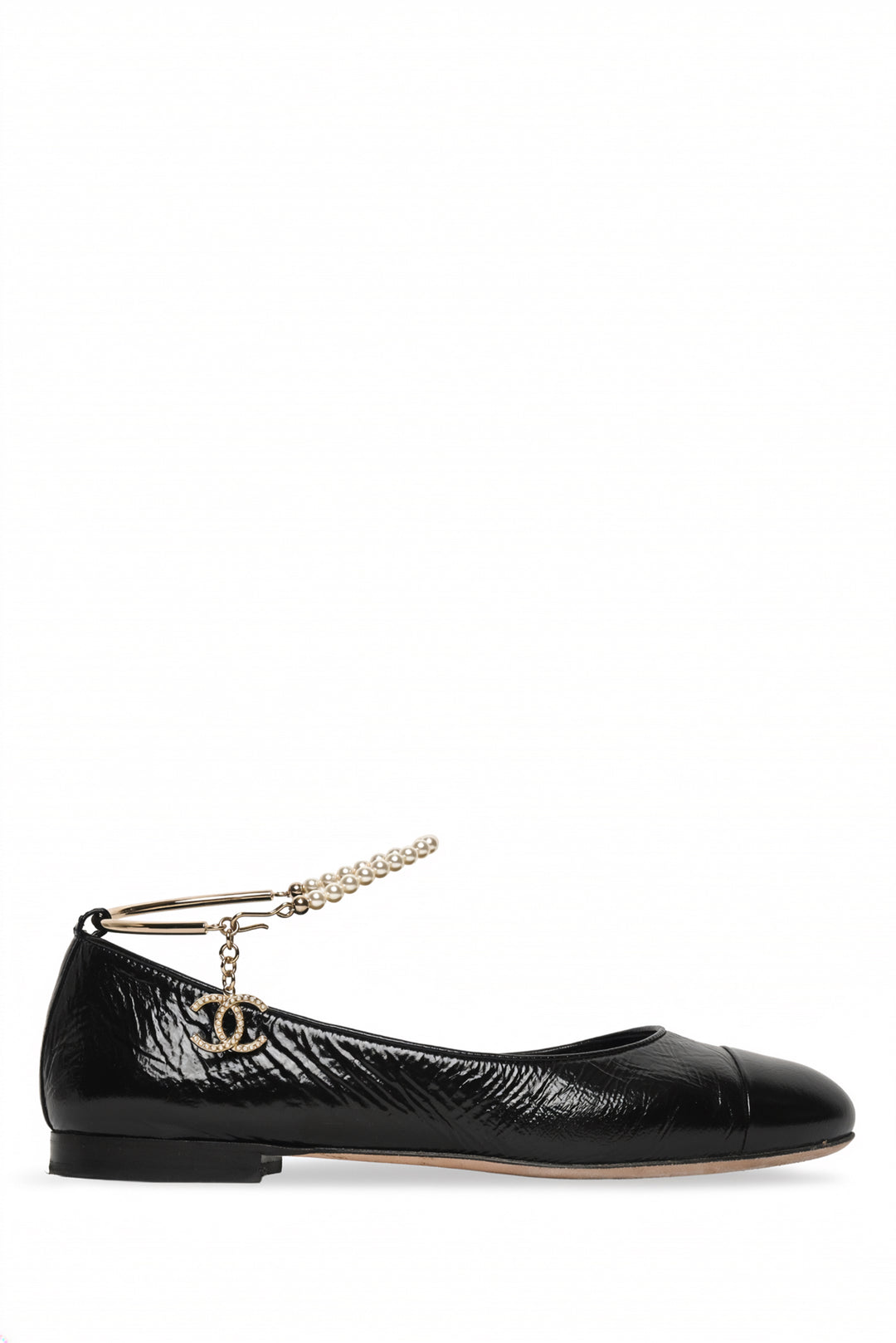 Chanel Size 38 Shiny Lambskin Cap Toe Pearl Chain Ballerina  Flats