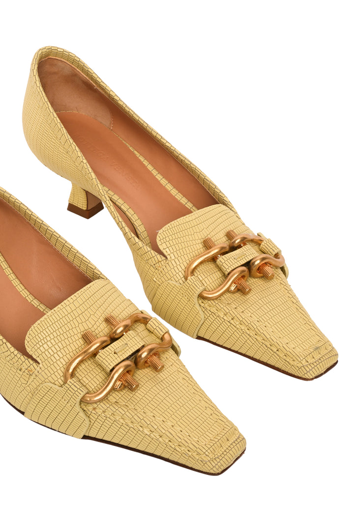 Bottega Veneta Size 35.5 Lizard-Embossed Leather Madame Heeled Loafers