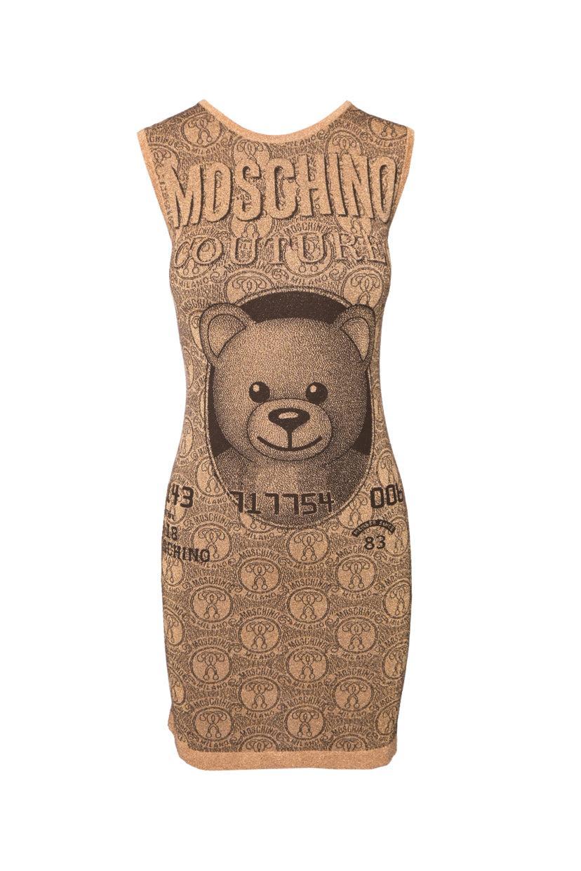 Moschino Couture Size 4 Teddy Bear Credit Card Metallic Knit Dress & Cardigan