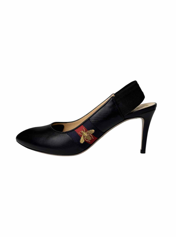 Gucci Size 38 Sylvie Web Embroidered Bee Leather Slingback Pumps