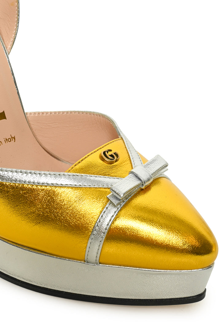 Gucci Size 37 Metallic Bow Platform Pumps