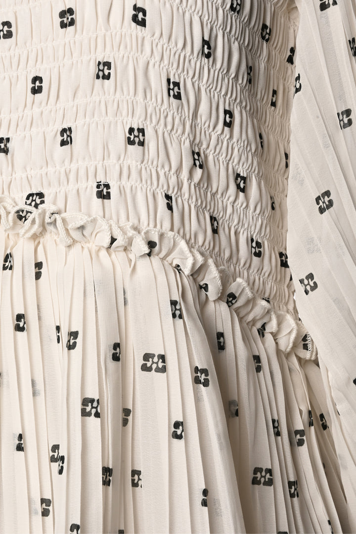 Ganni Size 42 Monogram Print Pleated Midi Dress