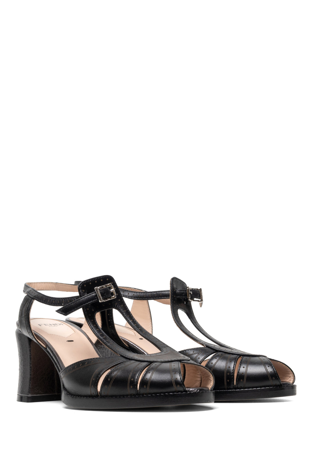 Fendi Size 35.5 Cutout Leather Peeptoe Chameleon Ankle Strap Sandals